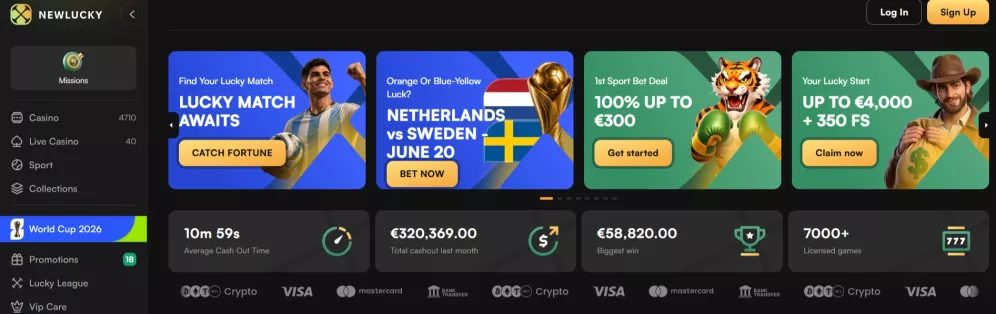 Newlucky Casino welkomstbonus 100% tot €200 plus 100 gratis spins